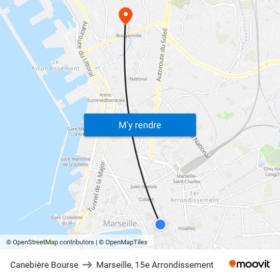 Canebière Bourse to Marseille, 15e Arrondissement map