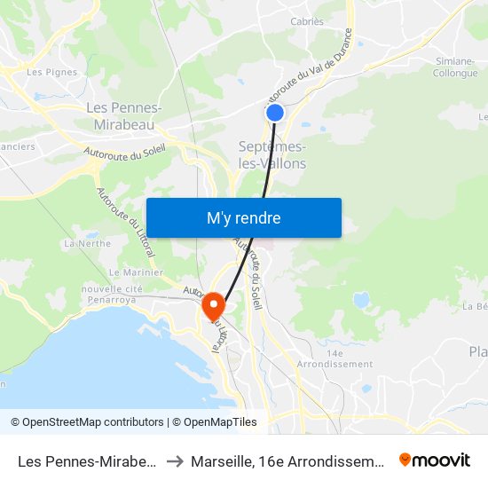 Les Pennes-Mirabeau to Marseille, 16e Arrondissement map