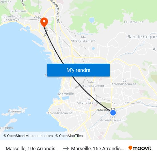 Marseille, 10e Arrondissement to Marseille, 16e Arrondissement map