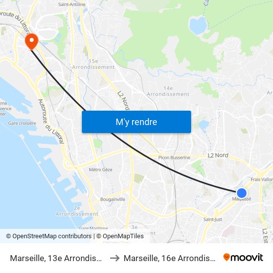 Marseille, 13e Arrondissement to Marseille, 16e Arrondissement map