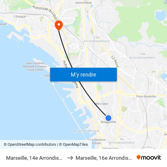 Marseille, 14e Arrondissement to Marseille, 16e Arrondissement map