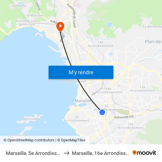 Marseille, 5e Arrondissement to Marseille, 16e Arrondissement map