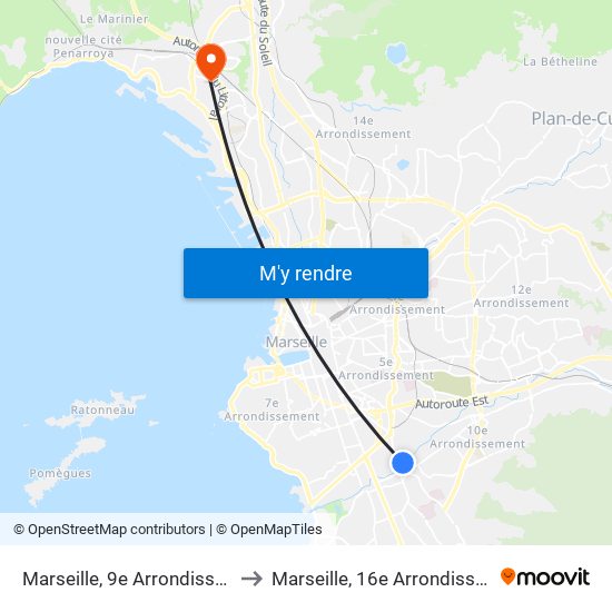 Marseille, 9e Arrondissement to Marseille, 16e Arrondissement map