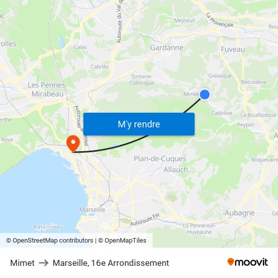 Mimet to Marseille, 16e Arrondissement map