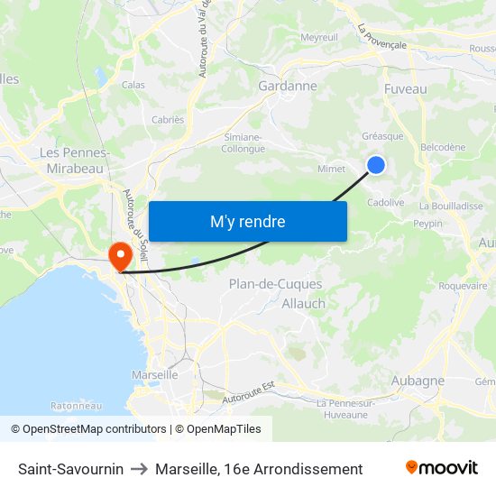 Saint-Savournin to Marseille, 16e Arrondissement map