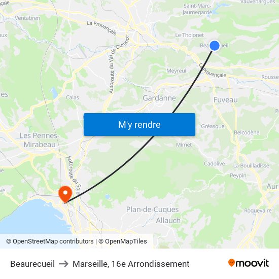 Beaurecueil to Marseille, 16e Arrondissement map