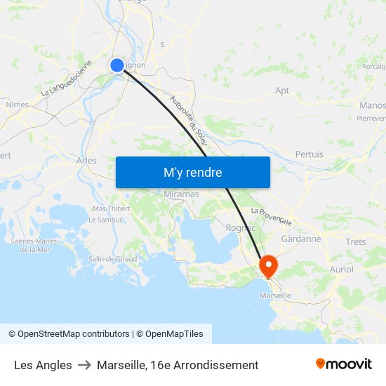 Les Angles to Marseille, 16e Arrondissement map