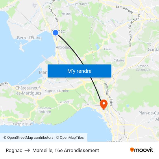 Rognac to Marseille, 16e Arrondissement map
