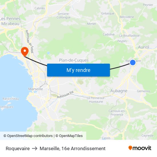 Roquevaire to Marseille, 16e Arrondissement map