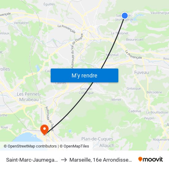 Saint-Marc-Jaumegarde to Marseille, 16e Arrondissement map