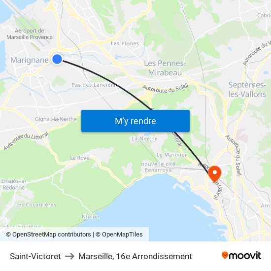 Saint-Victoret to Marseille, 16e Arrondissement map