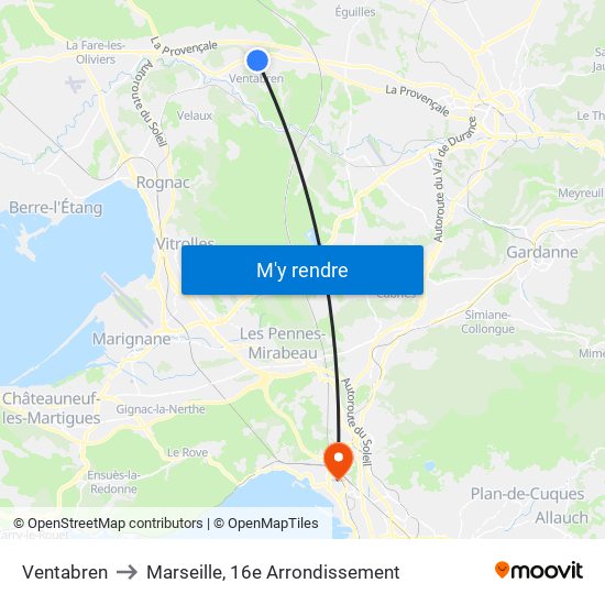 Ventabren to Marseille, 16e Arrondissement map