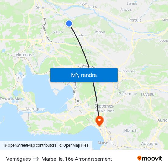 Vernègues to Marseille, 16e Arrondissement map