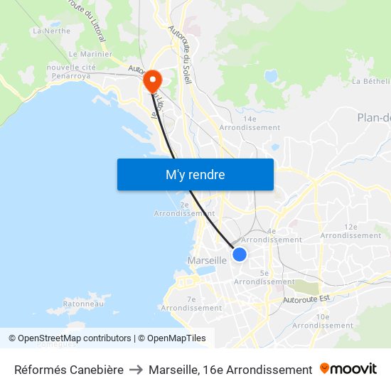 Réformés Canebière to Marseille, 16e Arrondissement map