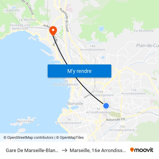 Gare De Marseille-Blancarde to Marseille, 16e Arrondissement map