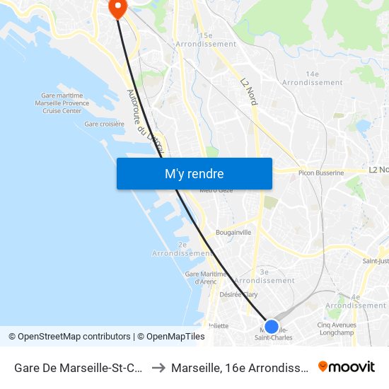 Gare De Marseille-St-Charles to Marseille, 16e Arrondissement map