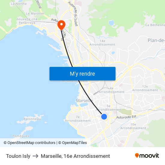Toulon Isly to Marseille, 16e Arrondissement map