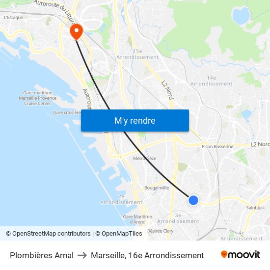 Plombières Arnal to Marseille, 16e Arrondissement map