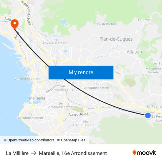 La Millière to Marseille, 16e Arrondissement map