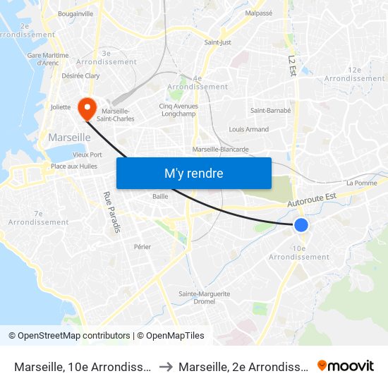 Marseille, 10e Arrondissement to Marseille, 2e Arrondissement map