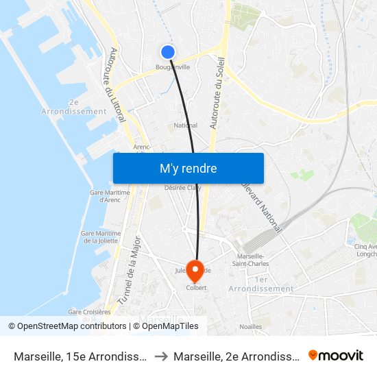 Marseille, 15e Arrondissement to Marseille, 2e Arrondissement map