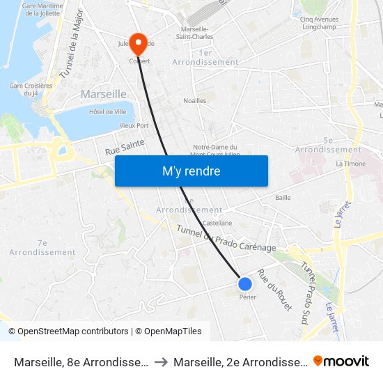 Marseille, 8e Arrondissement to Marseille, 2e Arrondissement map