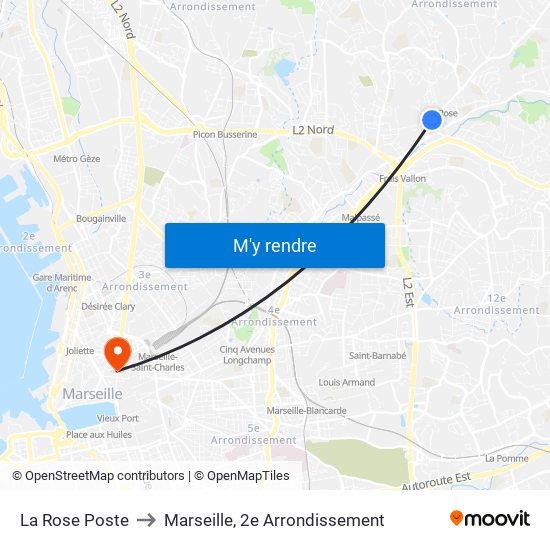 La Rose Poste to Marseille, 2e Arrondissement map