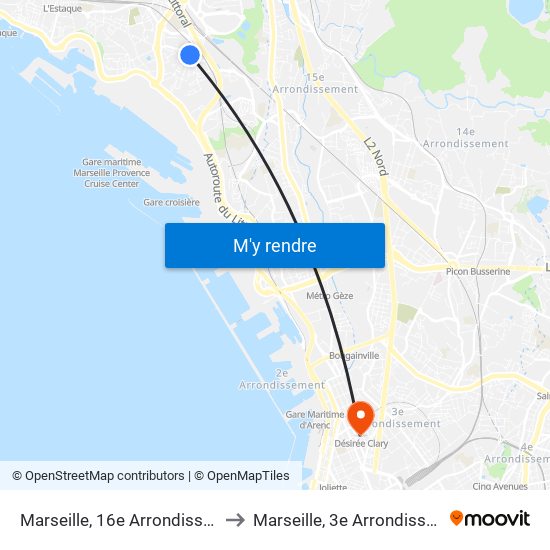 Marseille, 16e Arrondissement to Marseille, 3e Arrondissement map