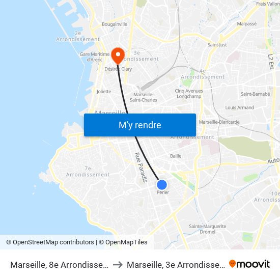 Marseille, 8e Arrondissement to Marseille, 3e Arrondissement map
