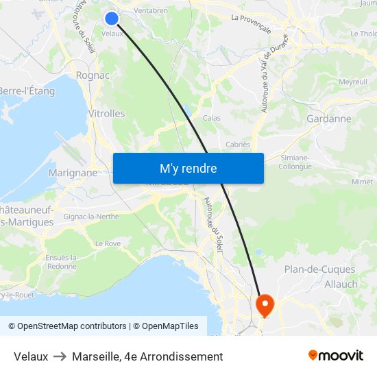 Velaux to Marseille, 4e Arrondissement map