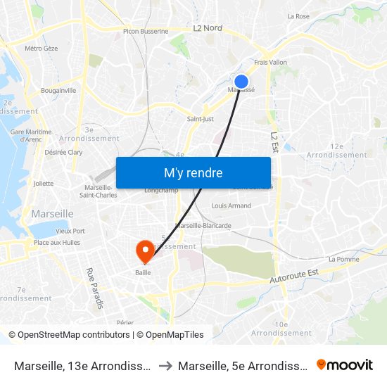 Marseille, 13e Arrondissement to Marseille, 5e Arrondissement map