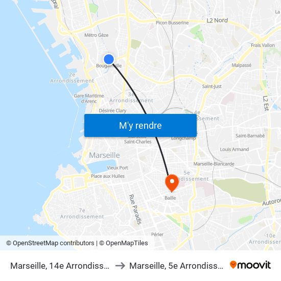 Marseille, 14e Arrondissement to Marseille, 5e Arrondissement map