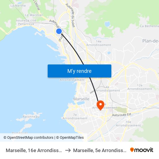 Marseille, 16e Arrondissement to Marseille, 5e Arrondissement map