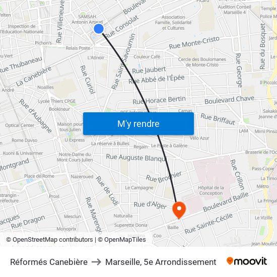 Réformés Canebière to Marseille, 5e Arrondissement map