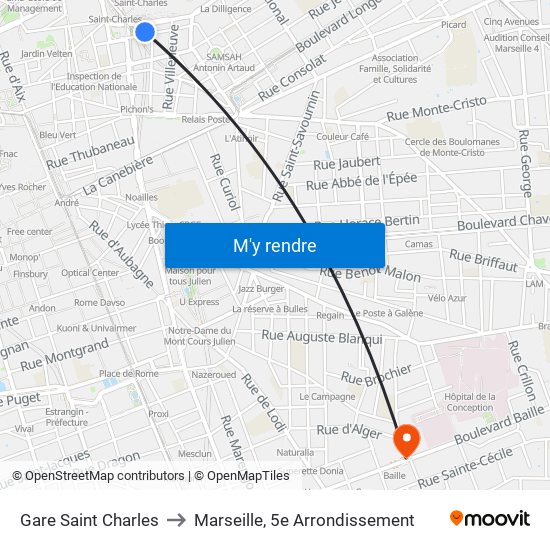 Gare Saint Charles to Marseille, 5e Arrondissement map