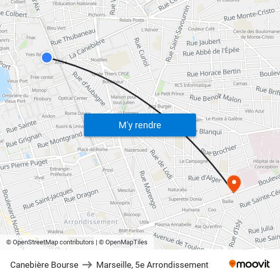 Canebière Bourse to Marseille, 5e Arrondissement map