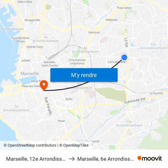 Marseille, 12e Arrondissement to Marseille, 6e Arrondissement map