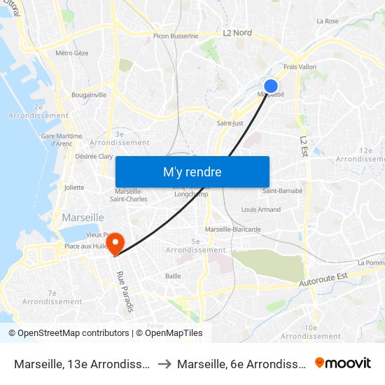 Marseille, 13e Arrondissement to Marseille, 6e Arrondissement map