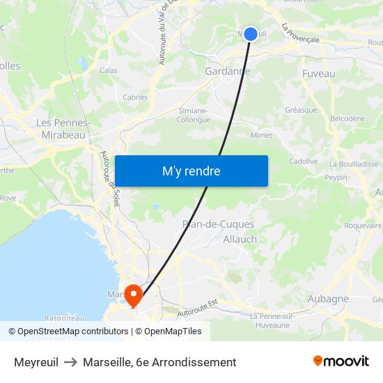 Meyreuil to Marseille, 6e Arrondissement map