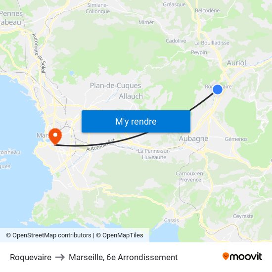 Roquevaire to Marseille, 6e Arrondissement map