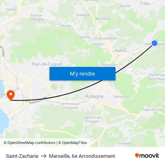 Saint-Zacharie to Marseille, 6e Arrondissement map