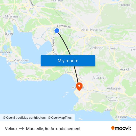 Velaux to Marseille, 6e Arrondissement map