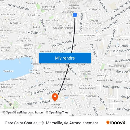 Gare Saint Charles to Marseille, 6e Arrondissement map