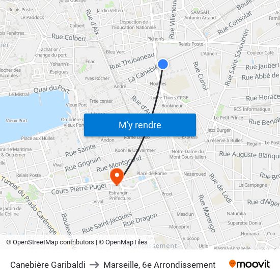 Canebière Garibaldi to Marseille, 6e Arrondissement map