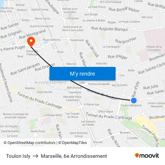 Toulon Isly to Marseille, 6e Arrondissement map