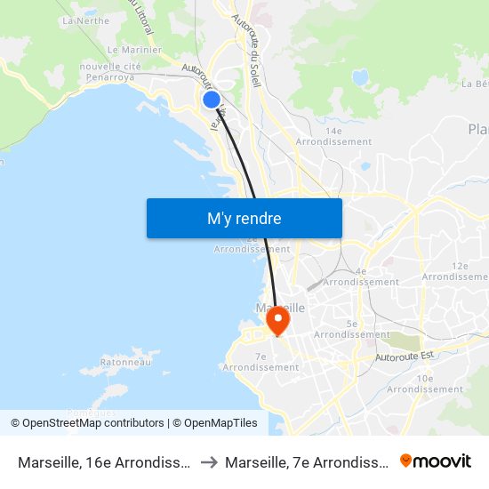 Marseille, 16e Arrondissement to Marseille, 7e Arrondissement map