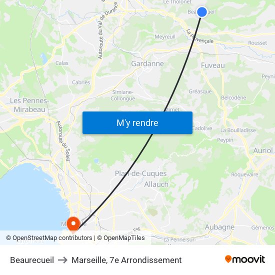 Beaurecueil to Marseille, 7e Arrondissement map