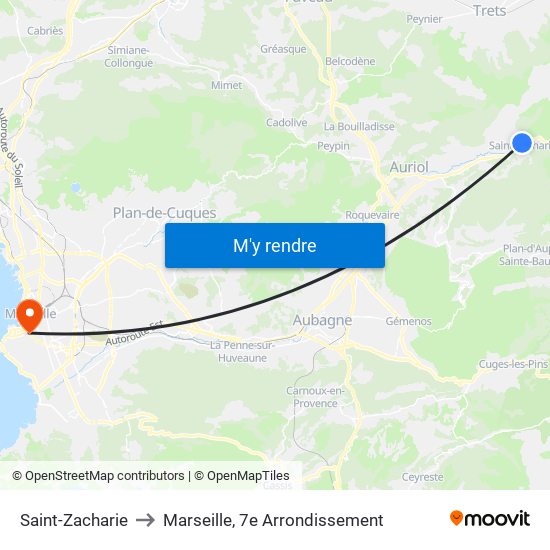 Saint-Zacharie to Marseille, 7e Arrondissement map