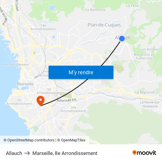 Allauch to Marseille, 8e Arrondissement map