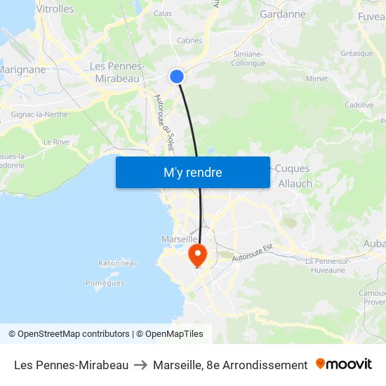 Les Pennes-Mirabeau to Marseille, 8e Arrondissement map